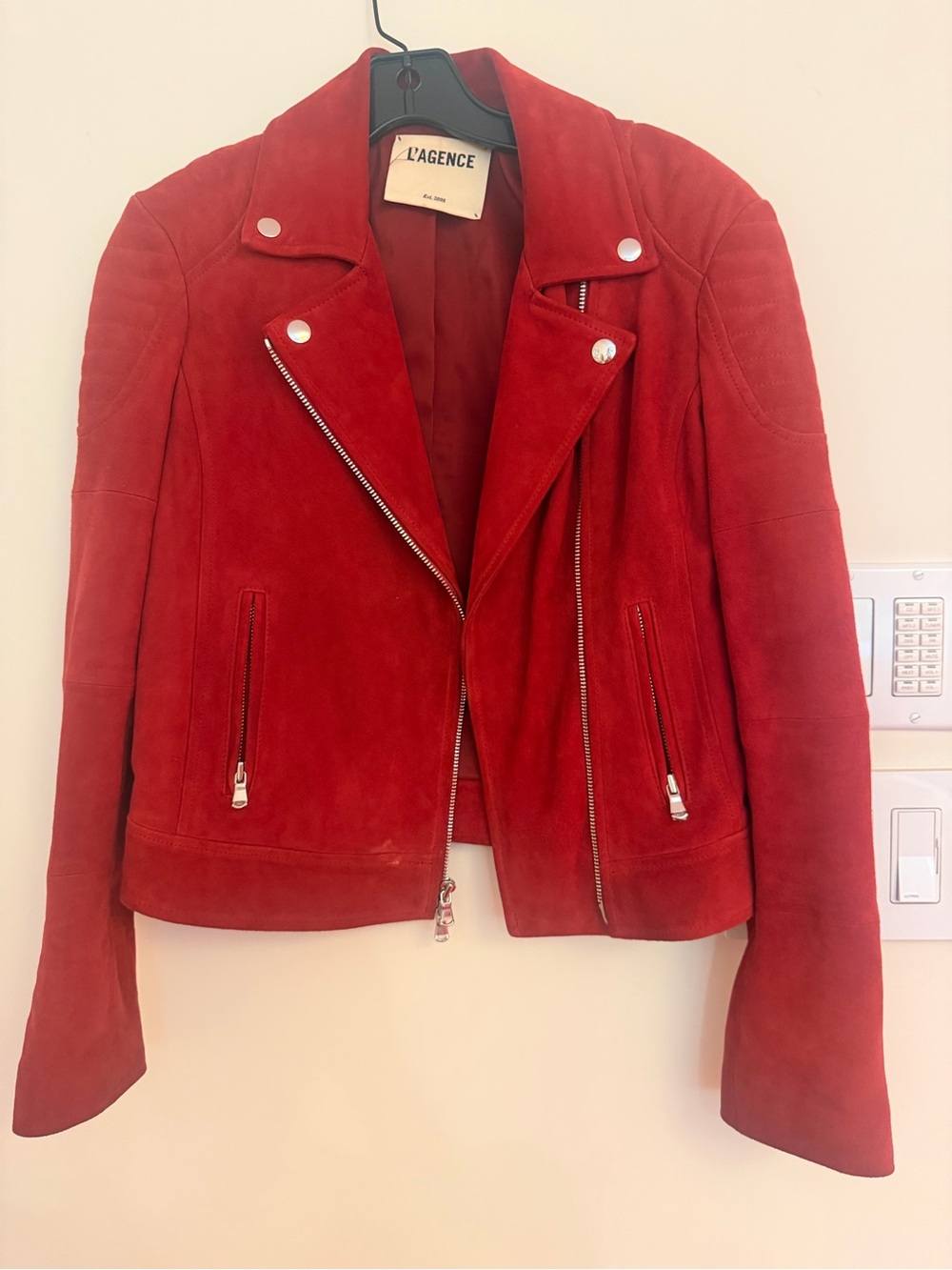 L'AGENCE Red Suede Asymmetrical Zip Jacket